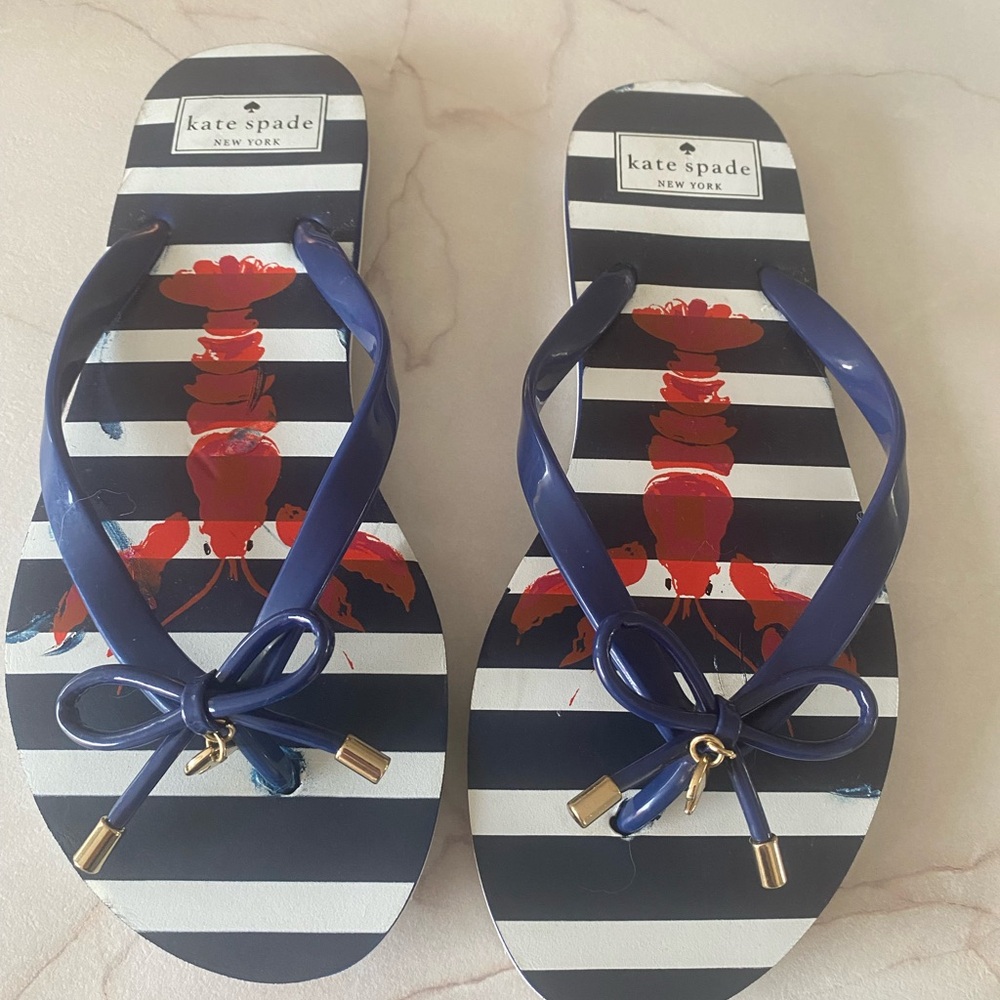 Kate Spade Blue and White Striped Sandals with Red Lobster